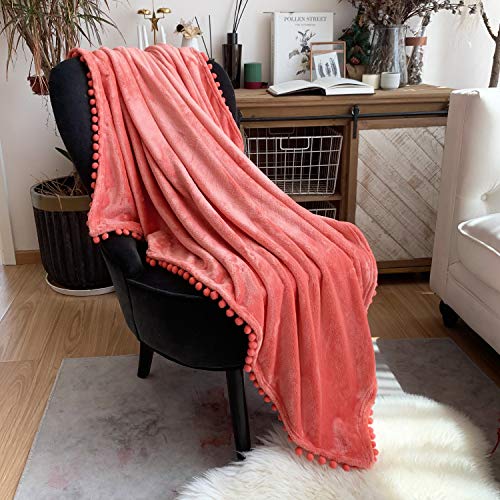 LOMAO Flannel Blanket with Pompom Fringe Lightweight Cozy Bed Blanket Soft Throw Blanket fit Couch Sofa Suitable for All Season (51x63) (Coral, 51''x 63'')