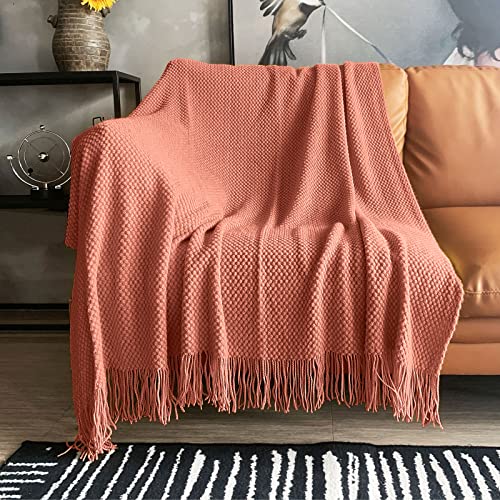 LOMAO Knitted Throw Blanket with Tassels Bubble Textured Lightweight Throws for Couch Cover Home Decor (Coral, 50x60)