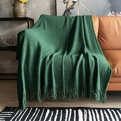 LOMAO Knitted Throw Blanket with Tassels Bubble Textured Lightweight Throws for Couch Cover Home Decor (Green, 50x60)