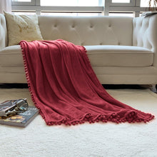 Load image into Gallery viewer, LOMAO Flannel Blanket with Pompom Fringe Lightweight Cozy Bed Blanket Soft Throw Blanket fit Couch Sofa Suitable for All Season (burgundy, 51&#39;&#39;x 63&#39;&#39;)
