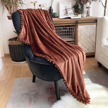 Load image into Gallery viewer, LOMAO Flannel Blanket with Pompom Fringe Lightweight Cozy Bed Blanket Soft Throw Blanket fit Couch Sofa Suitable for All Season (Brown, 51&#39;&#39;x 63&#39;&#39;)
