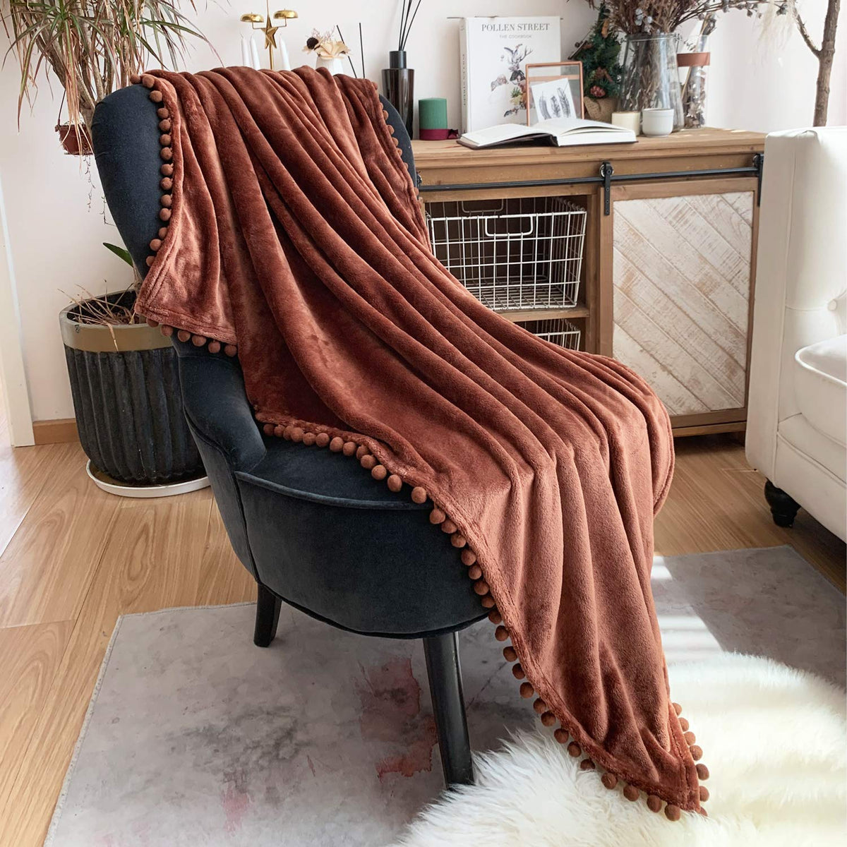 LOMAO Flannel Blanket with Pompom Fringe Lightweight Cozy Bed Blanket Soft Throw Blanket fit Couch Sofa Suitable for All Season (Brown, 51''x 63'')