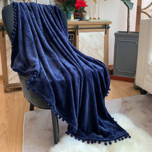 Load image into Gallery viewer, LOMAO Flannel Blanket with Pompom Fringe Lightweight Bed Blanket Soft Throw Blanket fit Couch Sofa Suitable for All Season (51x63) (Dark Blue)
