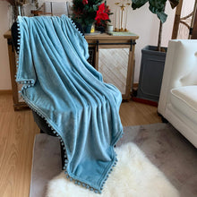 Load image into Gallery viewer, LOMAO Flannel Blanket with Pompom Fringe Lightweight Cozy Bed Blanket Soft Throw Blanket fit Couch Sofa Suitable for All Season (51x63) (Light Blue)
