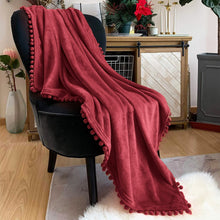 Load image into Gallery viewer, LOMAO Flannel Blanket with Pompom Fringe Lightweight Cozy Bed Blanket Soft Throw Blanket fit Couch Sofa Suitable for All Season (burgundy, 51&#39;&#39;x 63&#39;&#39;)
