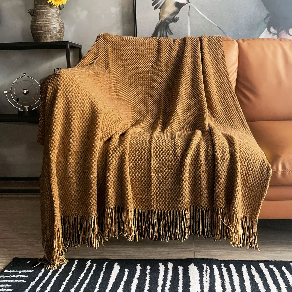 LOMAO Knitted Throw Blanket with Tassels Bubble Textured Soft Blanket Lightweight Warm Throws for Couch Cover Home Decor (Khaki, 50x60)